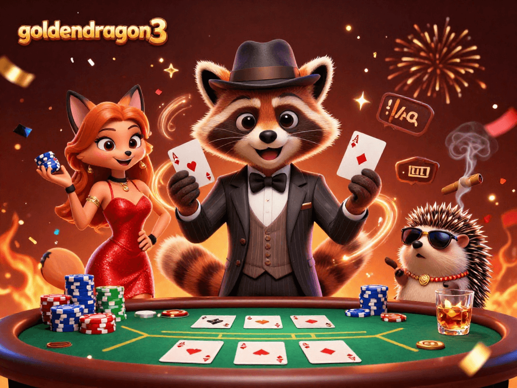 Join the excitement with goldendragon3 as a raccoon, fox, and hedgehog celebrate a big poker win!