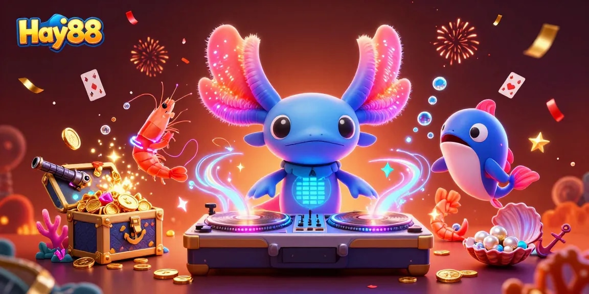 Win big with Hay88 at an underwater casino party featuring vibrant aquatic creatures and glowing treasures.
