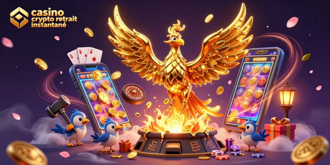 Gagnez rapidement avec casino crypto retrait instantané, où une phoenix dorée s'élève de la forge parmi les jeux et jetons.