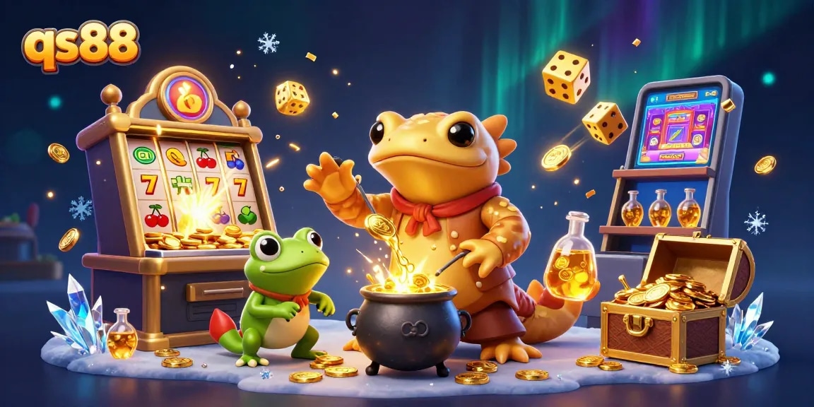 Experience the excitement of qs88 as golden coins explode from a slot machine in a magical casino setting.