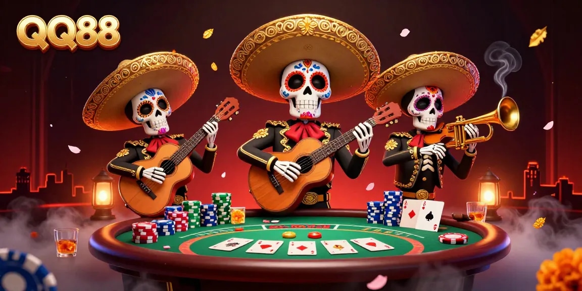 Experience the vibrant QQ88 casino scene with mariachi skeletons playing, poker chips, and festive decorations!