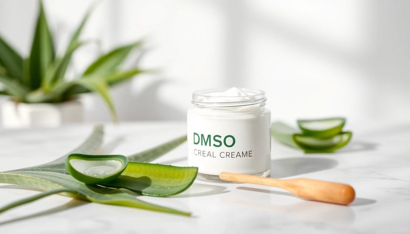 Apply DMSO cream in a serene clinic setting with aloe vera details.