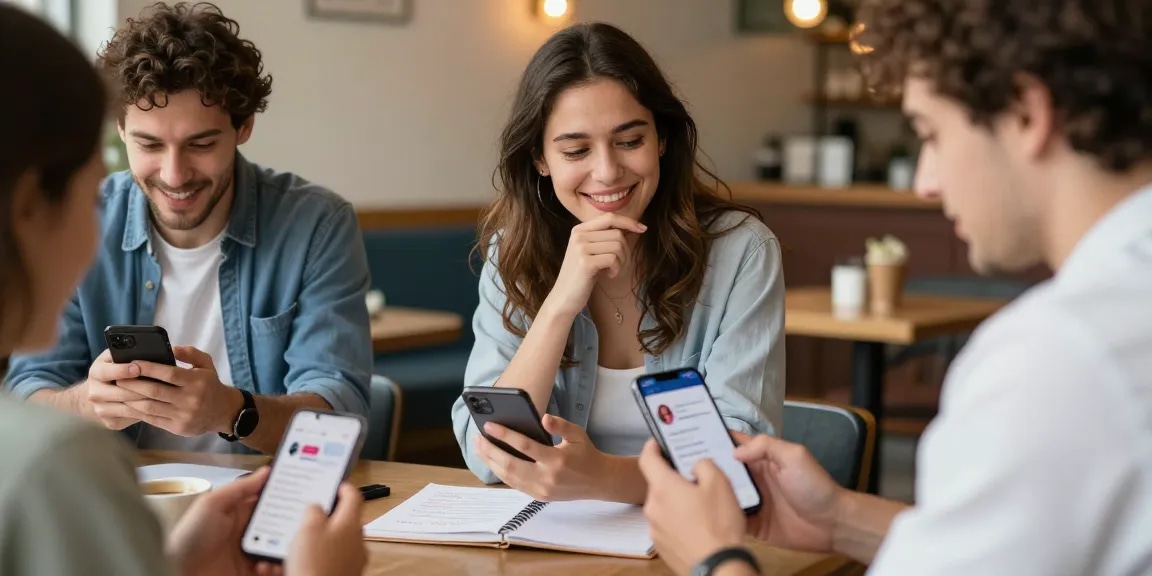 Singles using the HundRoses dating app in a warm and inviting setting, showcasing genuine connections.