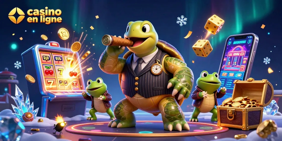 Découvrez la magie d'un casino en ligne à travers une scène animée avec une tortue et des grenouilles.