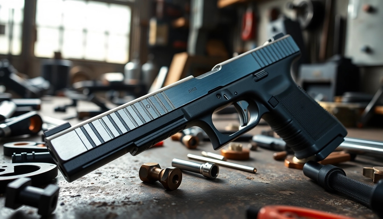 Buy glock 17 slide for sale featuring detailed craftsmanship in a professional workshop.