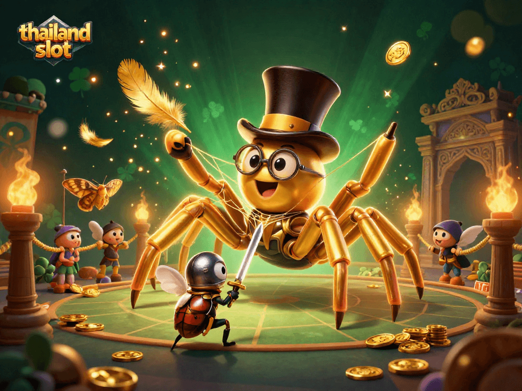 Engage in the thrilling world of thailand slot with a lively scene featuring a golden tarantula and colorful characters.