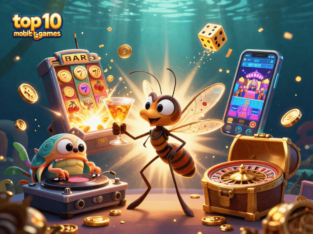 Play top 10 mobile slot games amidst thrilling 3D characters and vibrant casino symbols.