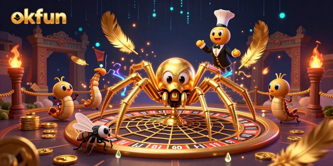 Experience the thrill of okfun with a golden spider spinning a roulette wheel web in an immersive gaming scene.