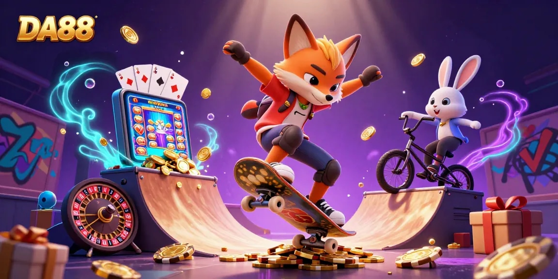 Experience DA88 excitement with cartoon fox and rabbit performing tricks in a vibrant casino scene.