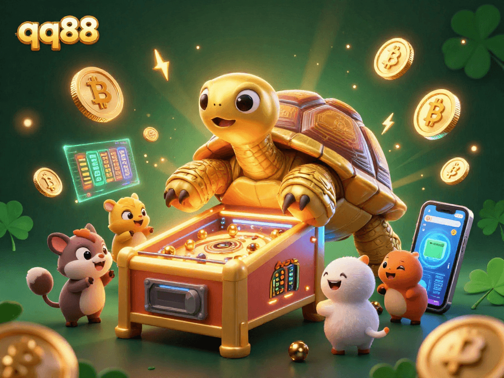 Experience thrilling gameplay at qq88, where a colossal golden tortoise showcases a pinball machine amidst vibrant crypto elements.