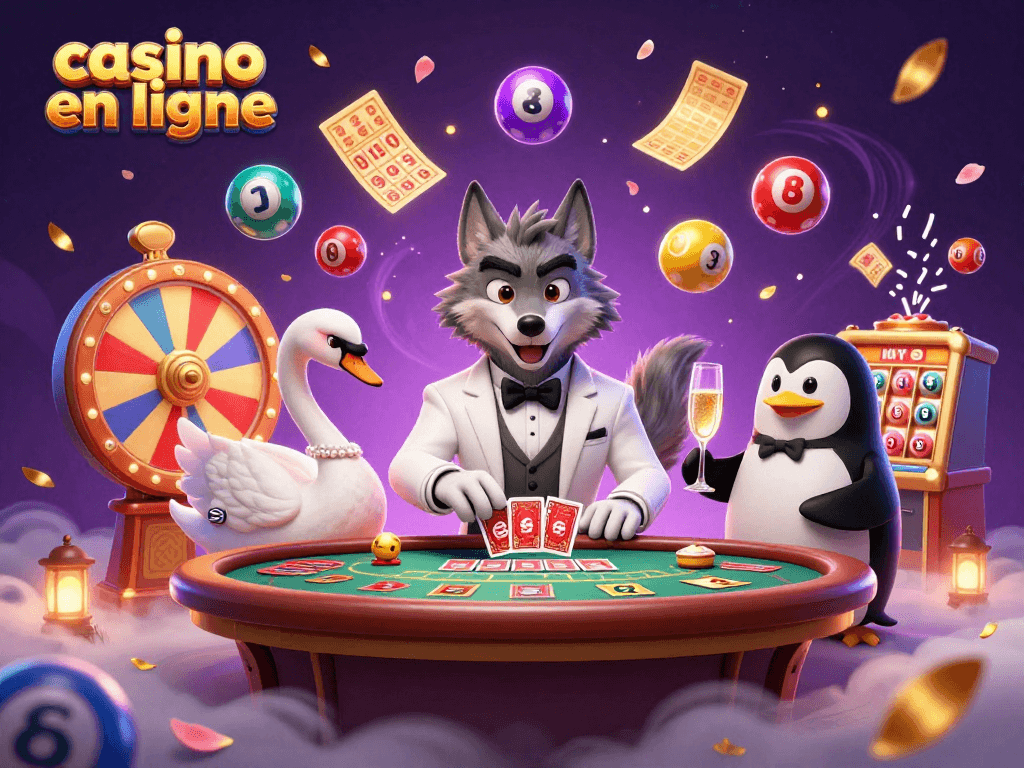 Expérimentez le casino en ligne avec un loup élégant et des jeux fascinants autour.