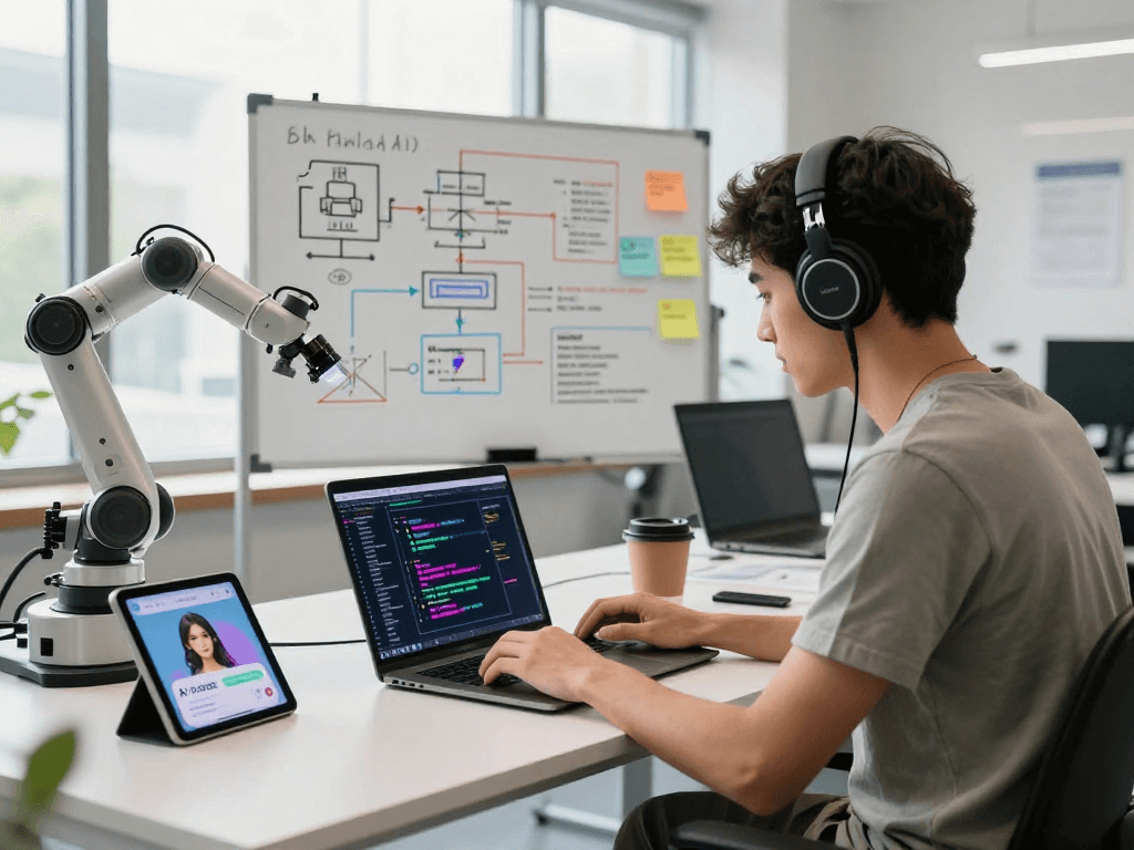 Young developer coding AI girlfriend app in an innovative workspace