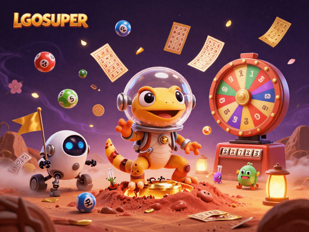 Engage with LGOSUPER's thrilling fish shooting games amid vibrant lottery elements and dynamic casino visuals.