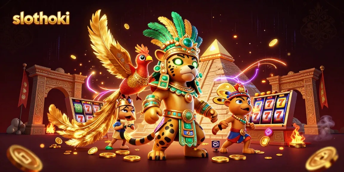 Slot judi seru di slothoki menampilkan jaguar priyayi dan burung quetzal dalam suasana kasino.