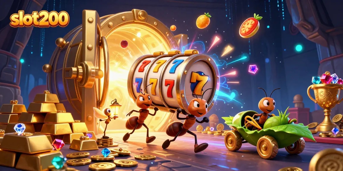 Slot200 membawa keseruan permainan slot dengan simbol keberuntungan dan tumpukan emas.