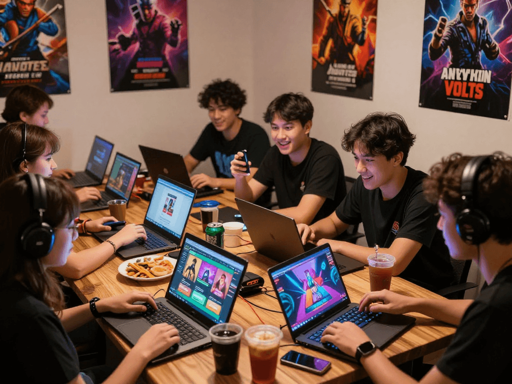 Exciting scene of gamers enjoying popular porn games on various devices, capturing vibrant atmosphere.