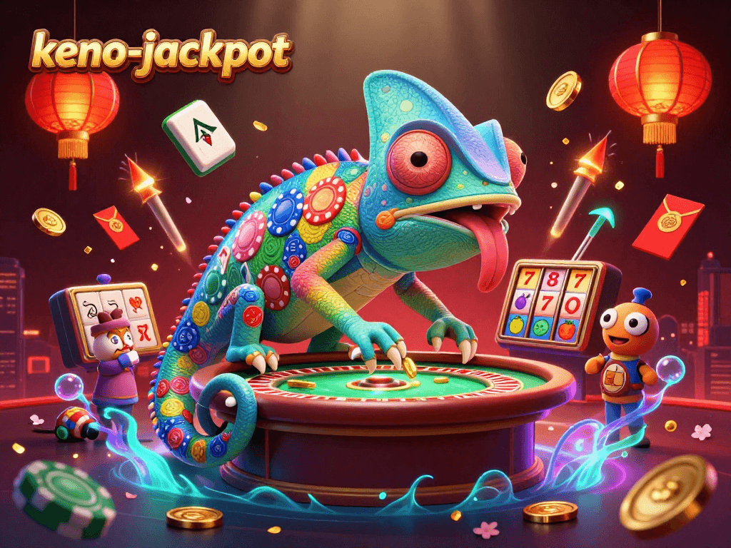 Experience the excitement of keno-jackpot with colorful characters surrounded by vibrant casino elements.