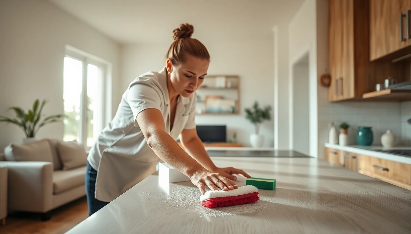 Efficient bond cleaning process highlighting a professional cleaner at work in a bright kitchen.