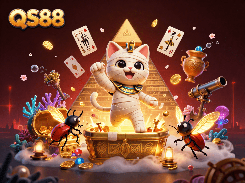 Experience thrilling fun at QS88 with a mummy cat in a casino scene, showcasing dynamic action and glowing treasures.