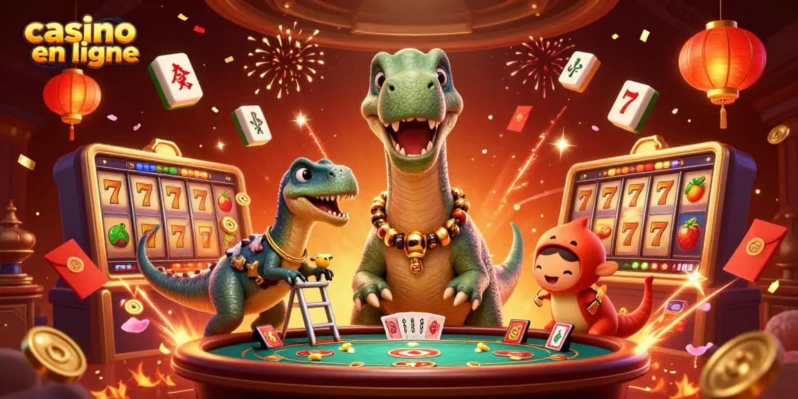 Cartes de poker au Casino en ligne avec un dinosaure géant et éclats de couleurs.
