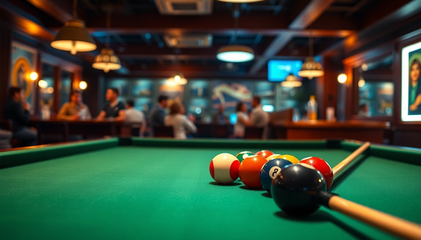 Billiards game setup showcasing colorful balls on a pool table in an inviting setting.