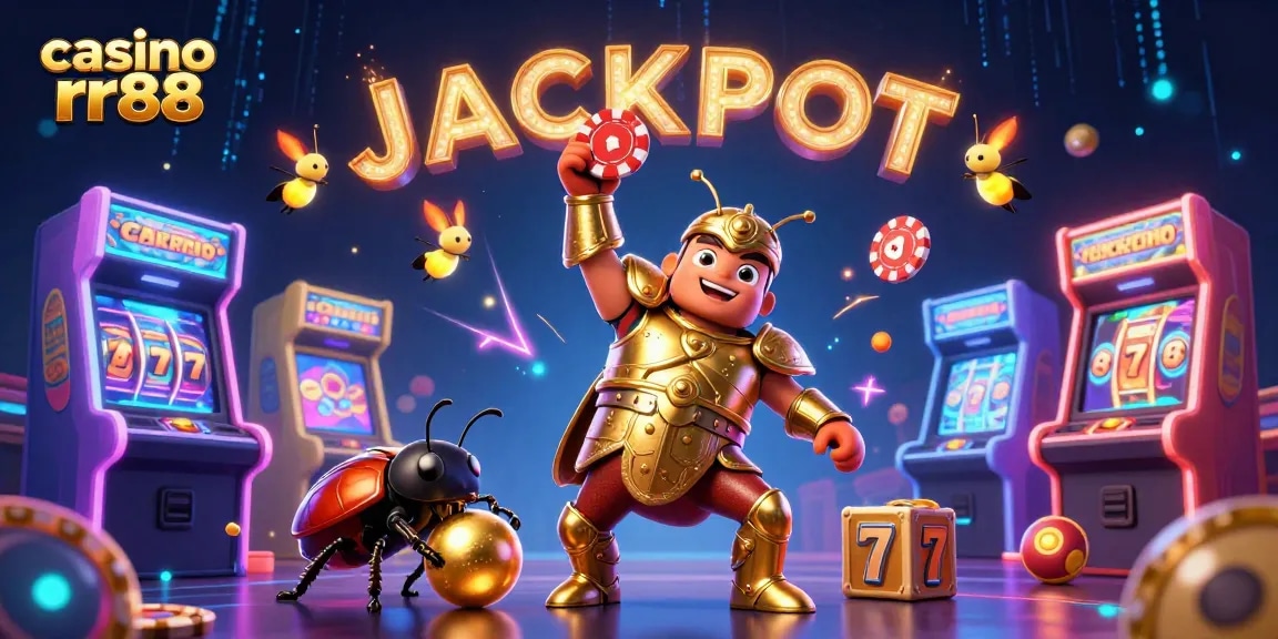 Experience thrilling wins at casino rr88 with a victorious beetle lifting chips surrounded by vibrant gaming elements.