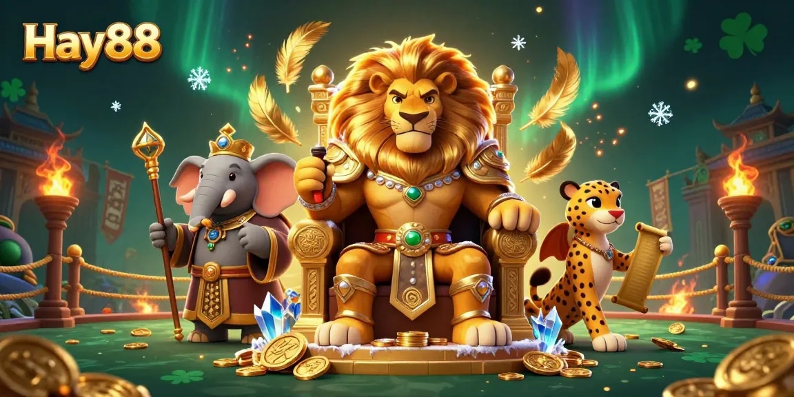 Experience the thrilling gaming world at Hay88 featuring a lion king, elephant advisor, and cheetah messenger amidst gold coins and exciting casino elements.