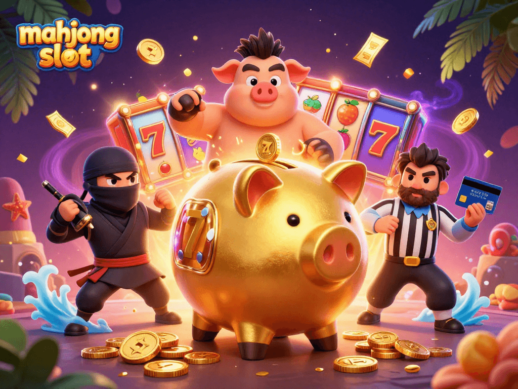 Experience the excitement of mahjong slot with golden piggy bank characters and vibrant casino elements.