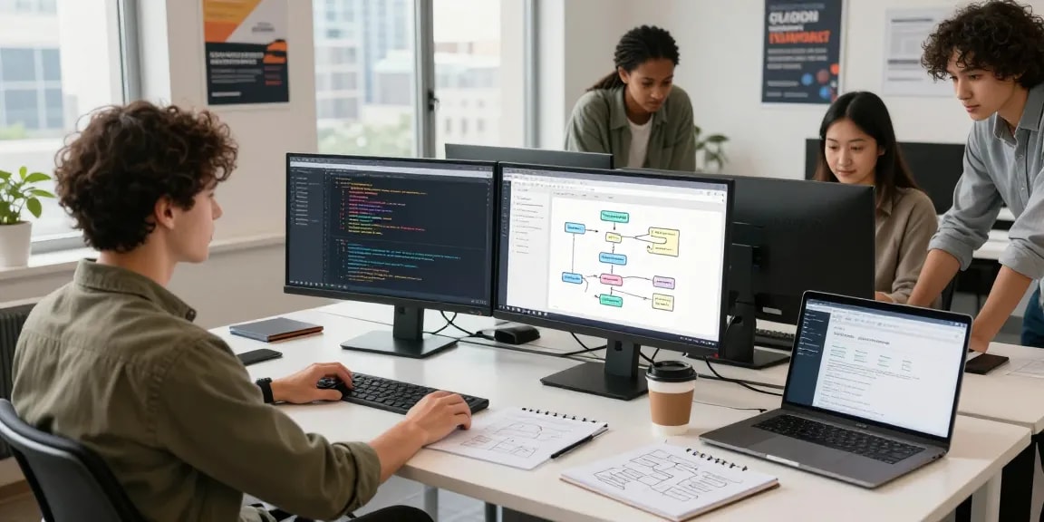 Build internal tools with AI in a dynamic software development workspace with a diverse team collaborating.