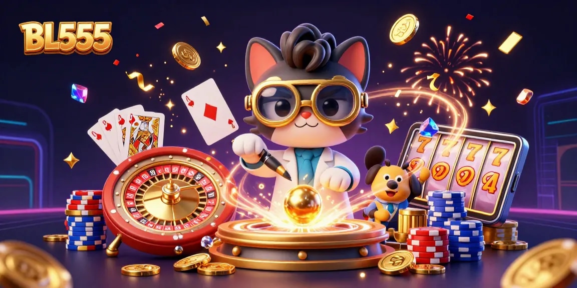 Engage in thrilling gaming experiences with BL555, showcasing vibrant casino elements and lively characters.