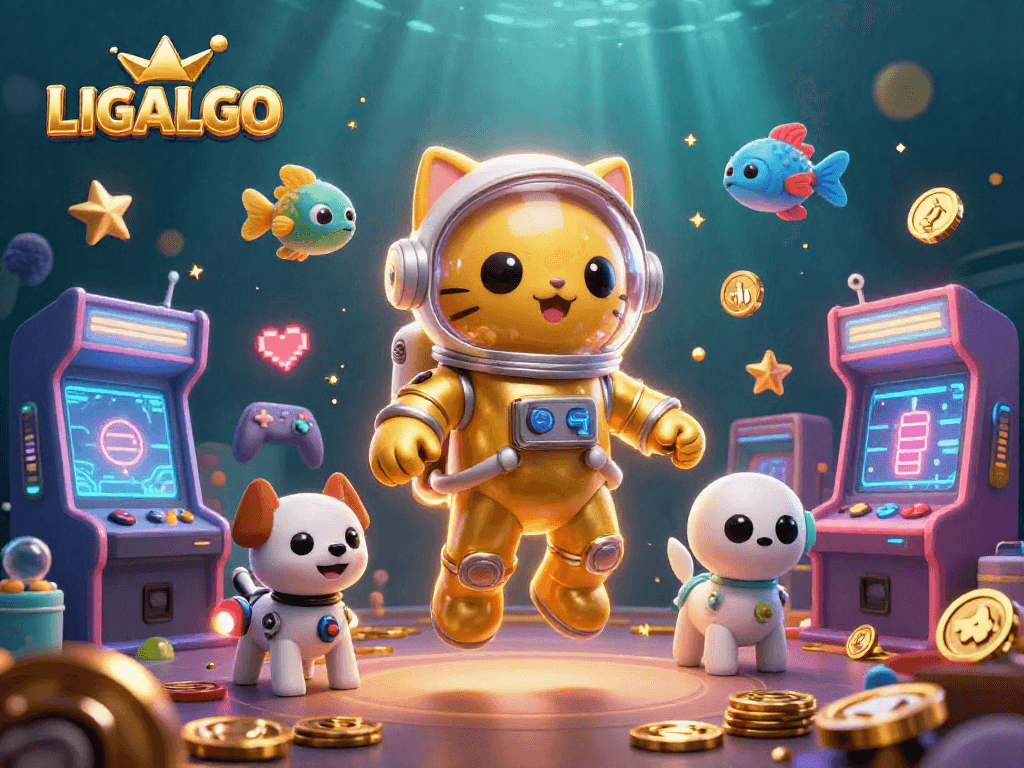 LIGALGO showcases a vibrant 3D scene with an astronaut cat and gaming elements, perfect for bettors.