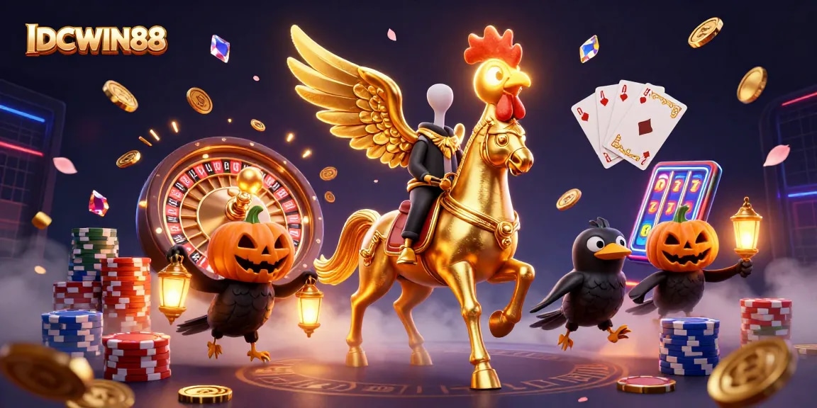 Experience the fun of IDCWIN88 with a golden rooster and its companions in a vibrant casino environment.