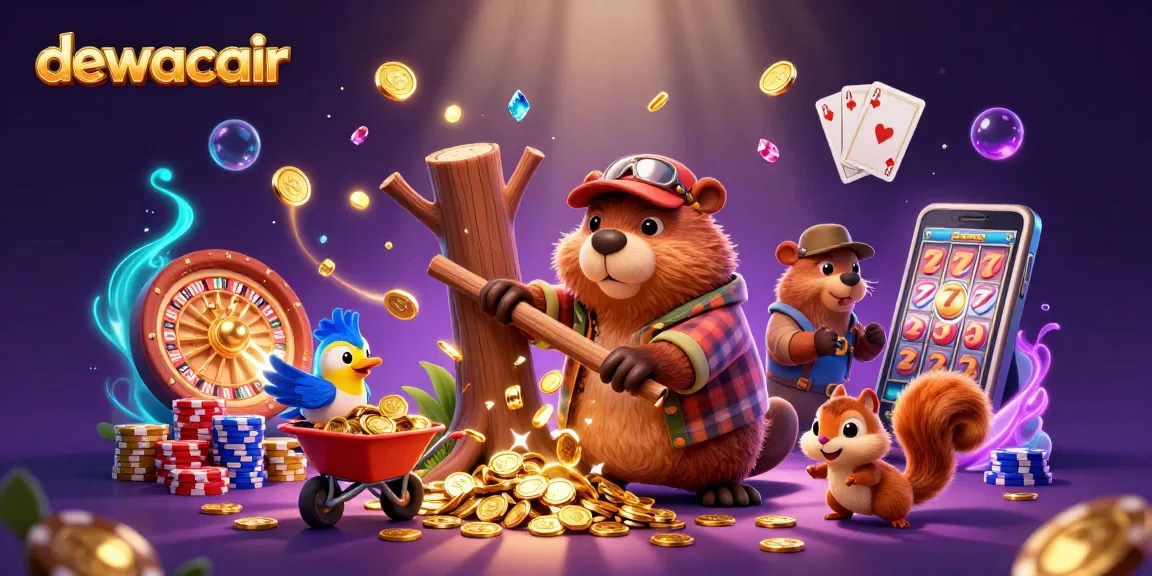 Experience gaming excitement with dewacair as the lumberjack beaver and friends celebrate a jackpot of coins and gems.