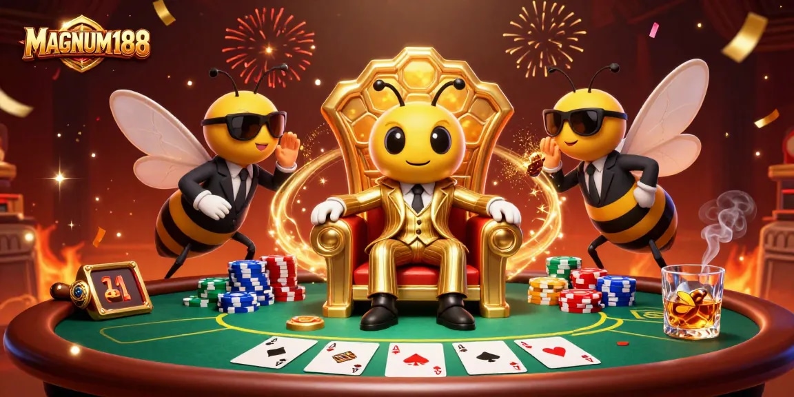Bet on MAGNUM188 with a vibrant poker scene featuring a cartoon bumblebee mob boss and dynamic game elements.