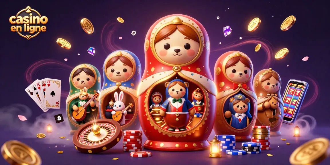 Jouez au casino en ligne avec une illustration colorée de jeux et personnages animés.