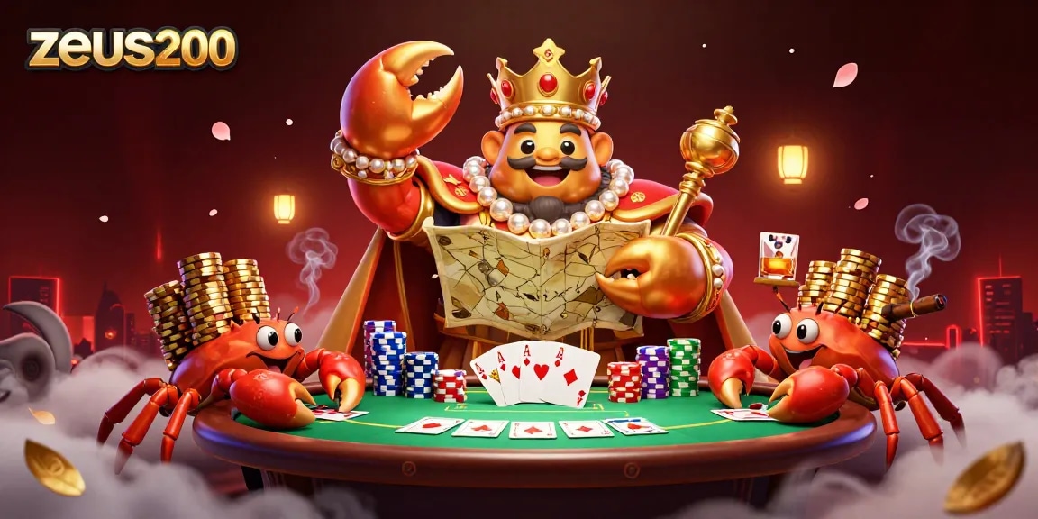 Zeus200 menampilkan kepiting emas kerajaan dengan peta harta dan pelayan, dikelilingi chip poker.