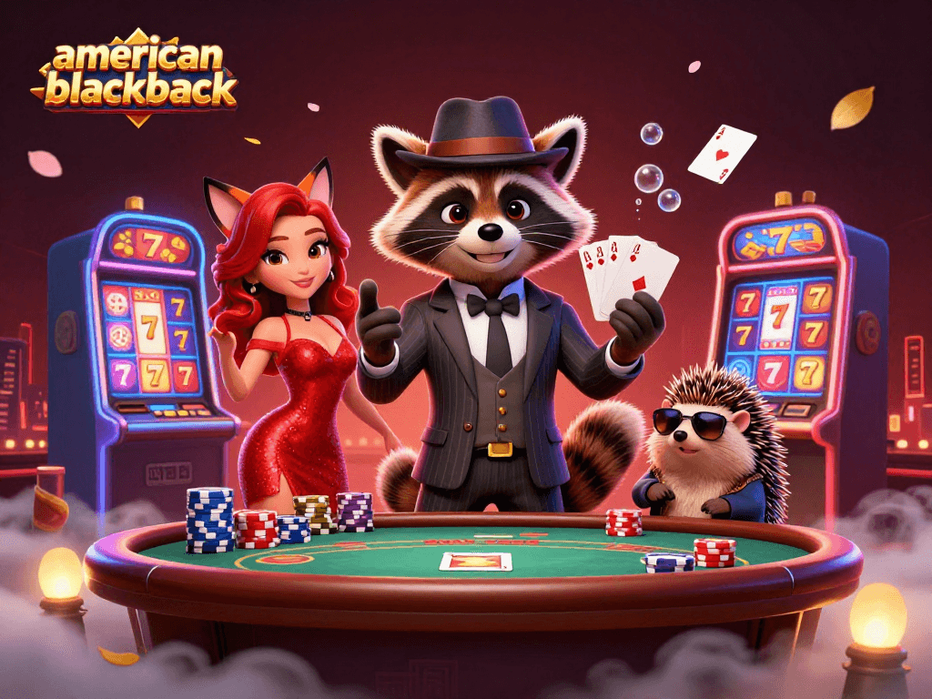 Play American Blackjack online with confident raccoon, stylish fox, and vigilant hedgehog in a lively casino scene.