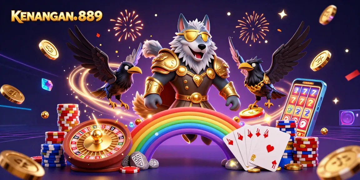 KENANGAN889 illuminates a vibrant casino scene with Odin and ravens, gaming elements, and festive energy.