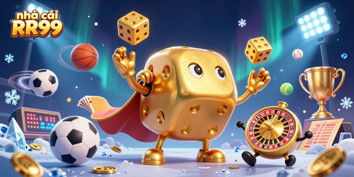 With nhà cái RR99, cherish the gaming excitement through a lively illustration featuring a golden dice golem and dynamic sports elements.