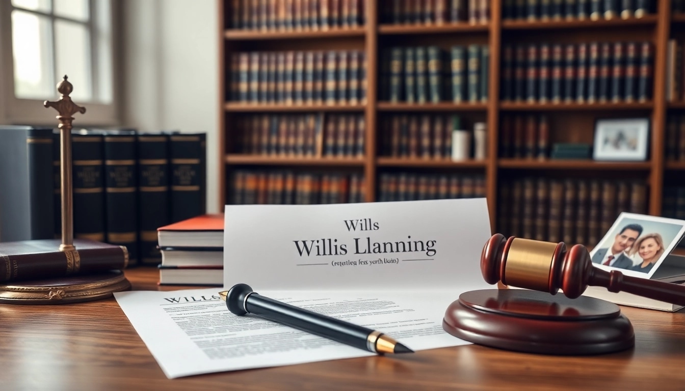 Arrange documents for Wills on a professional desk surrounded by law books.