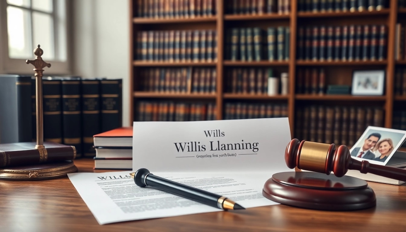 Arrange documents for Wills on a professional desk surrounded by law books.