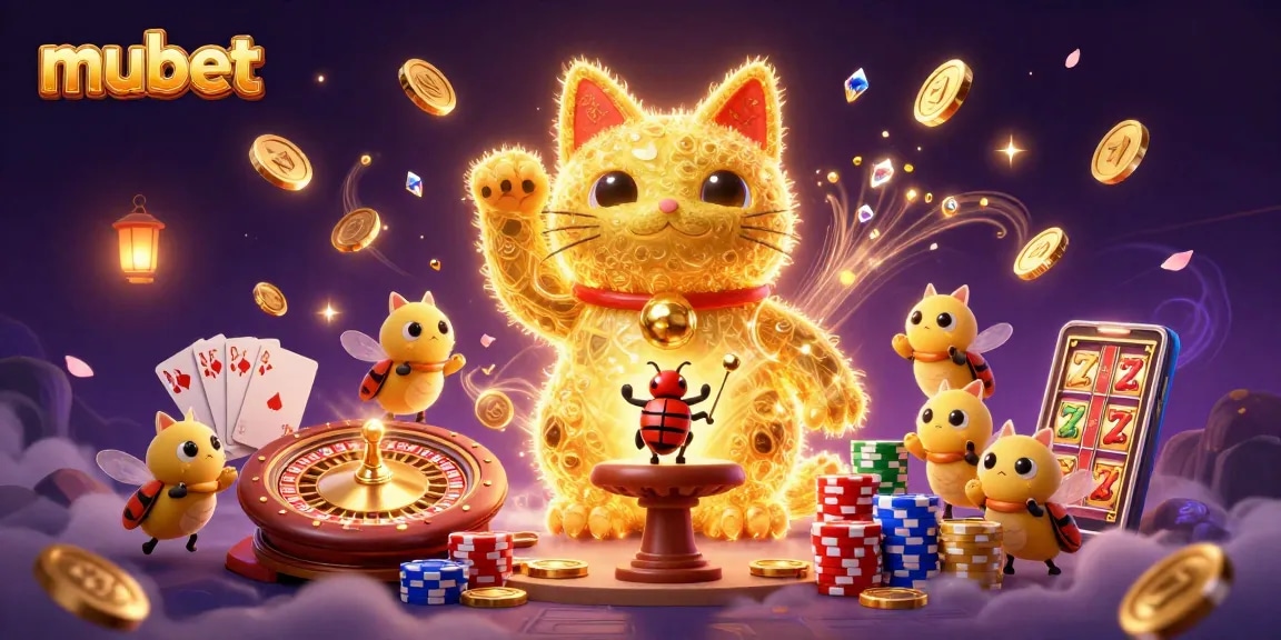 Experience the dazzling world of mubet with a whimsical illustration of a lucky cat and casino elements.