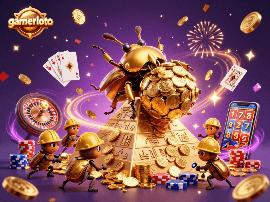 Experience the excitement of gamerloto with a golden beetle rolling coins at a casino-themed pyramid.