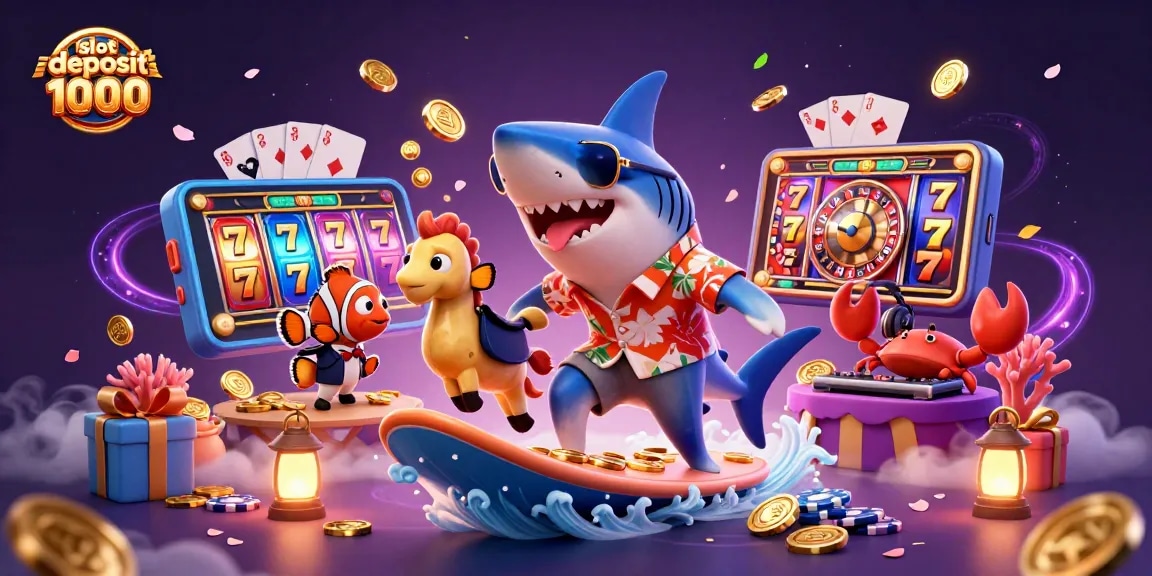 Permainan slot deposit 1000 yang seru dengan ikan hiu dan karakter lucu di antara tumpukan koin emas.