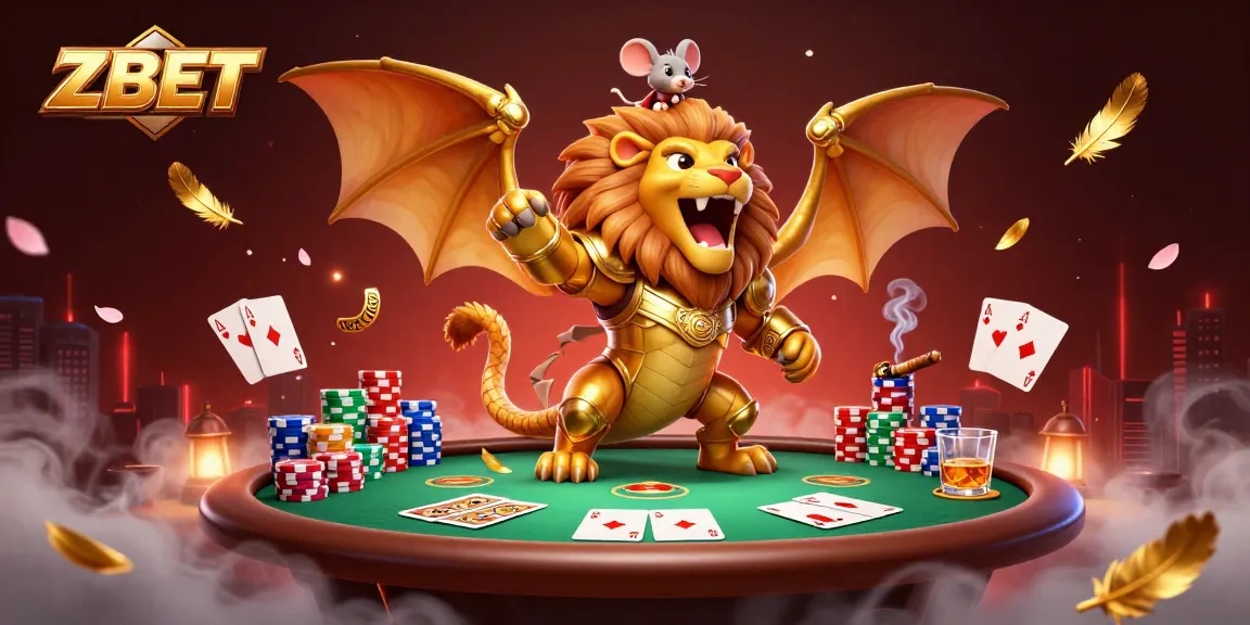 ZBET showcases a vibrant casino scene with a chimera creature and poker elements, enhancing your gaming experience.