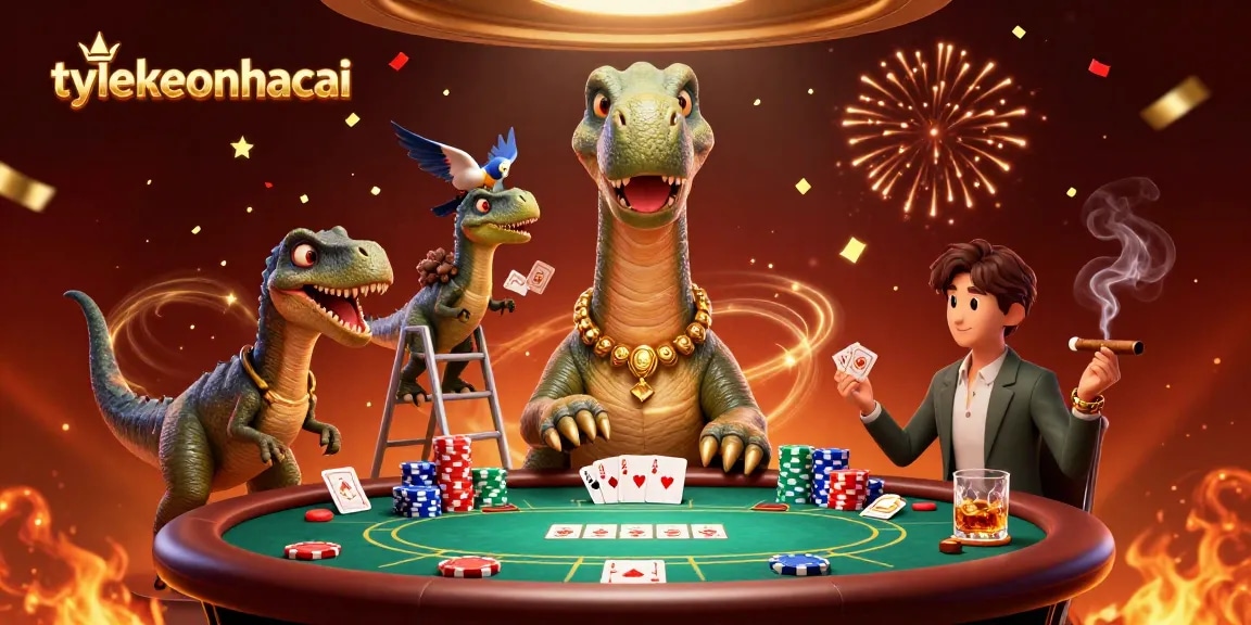 Bettors engage with tylekeonhacai while enjoying a vibrant casino scene filled with poker elements and celebration.