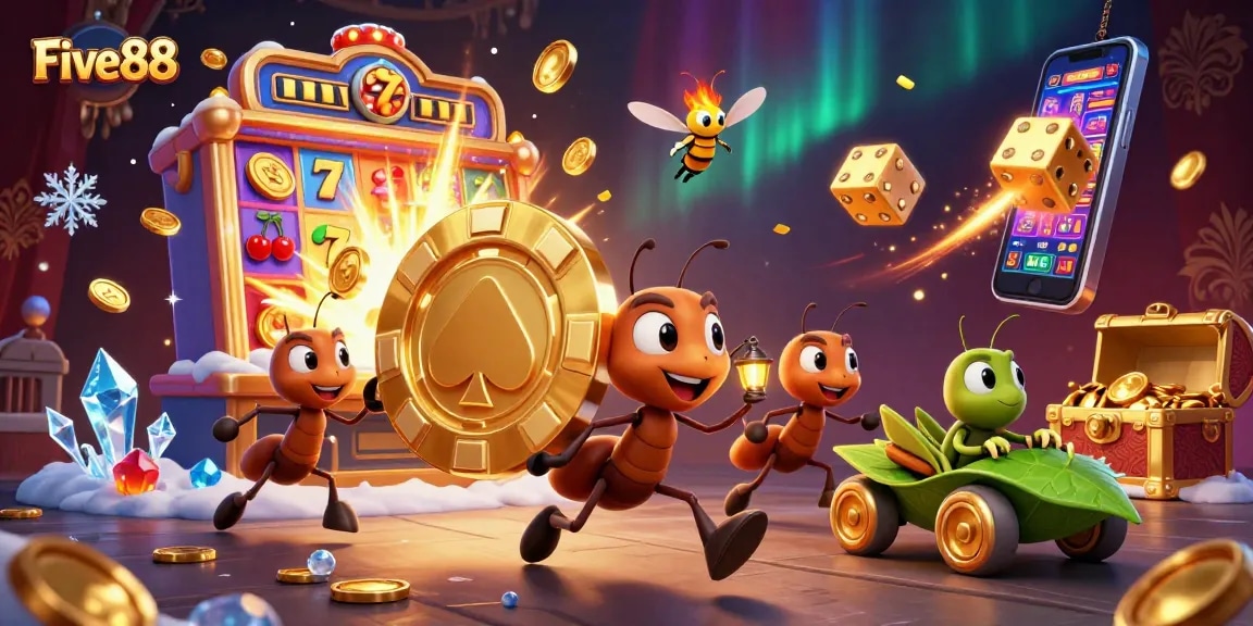 Experience a thrilling Five88 adventure with ants heisting a giant poker chip amidst vibrant casino elements.