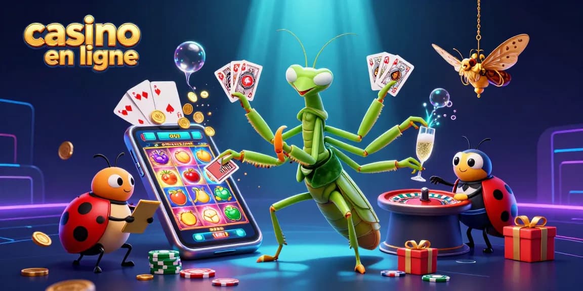 Jouer au casino en ligne avec une illustration dynamique d'un prédateur aux cartes, accompagnée d'autres personnages colorés.