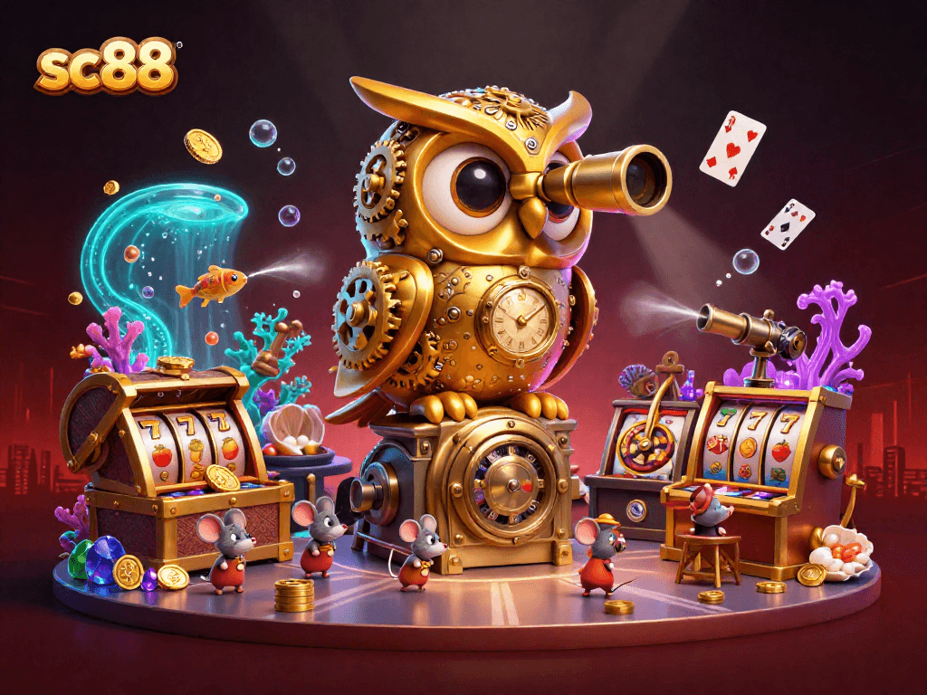 Sc88 showcases lively slot machines with a golden owl amidst a vibrant casino scene.