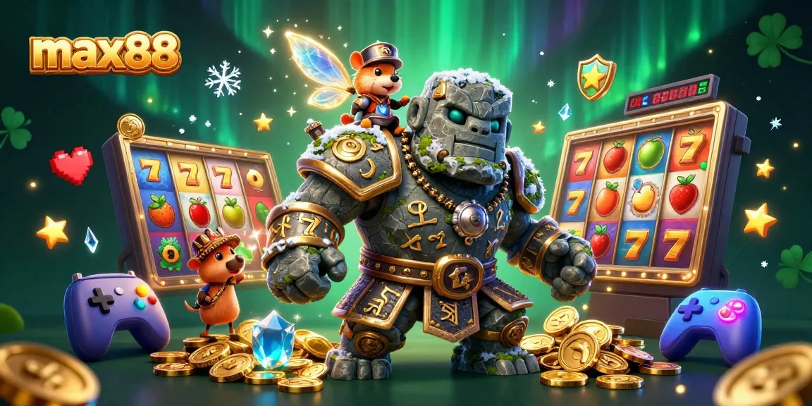 Engaging scene with max88 showcasing a golem, fairy, and hamster knight in a vibrant casino atmosphere.